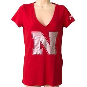 Pink VS Collegiate Collegiate Red V-neck top Silver Letter Woman Size Small